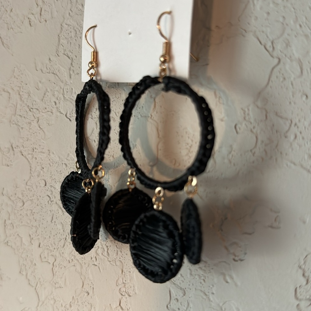 NWT Black Hoop Dangle Earrings | Statement Earrings - Picture 2 of 2